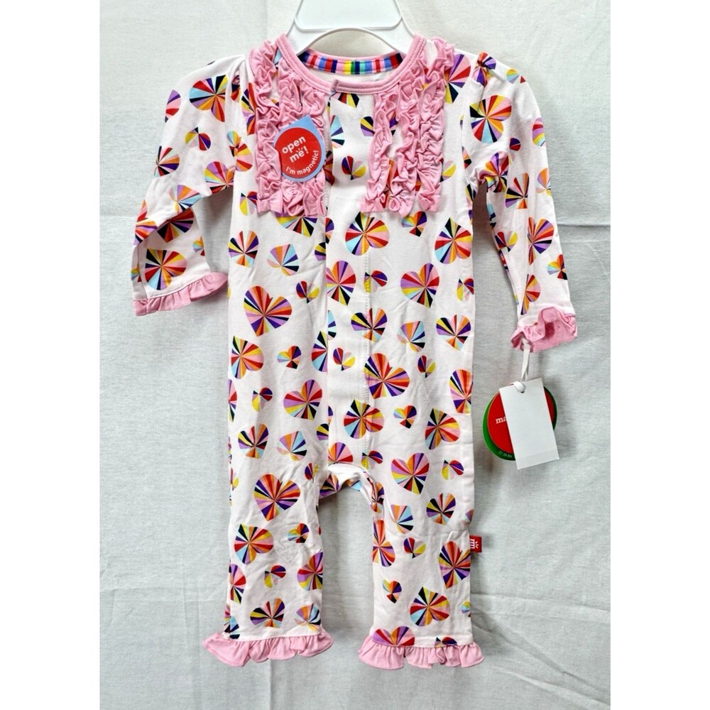 Magnetic Me Pink Ruffle Coverall Romper, 3-6 months, New! Groove in Heart